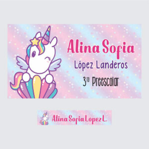 Etiqueta escolar personalizada unicornio